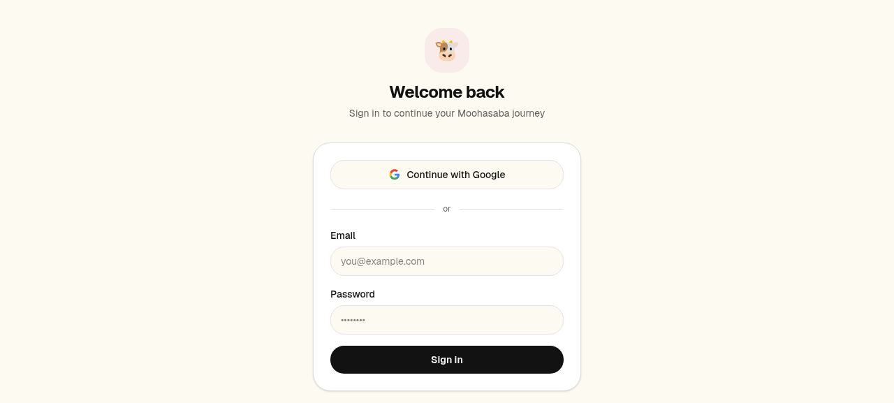 The Moohasaba app sign-in screen, a daily ibadah tracker