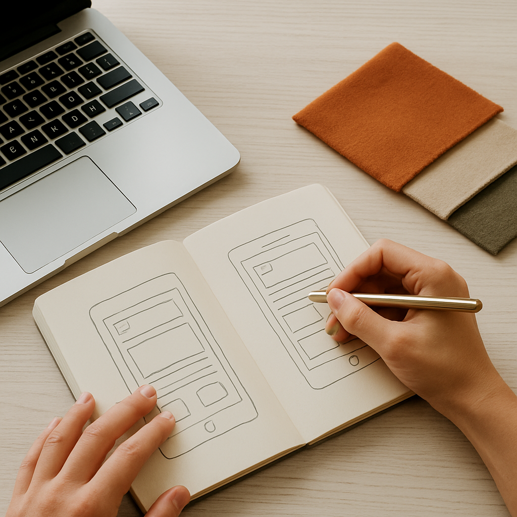 Hands sketching mobile app wireframes beside a laptop